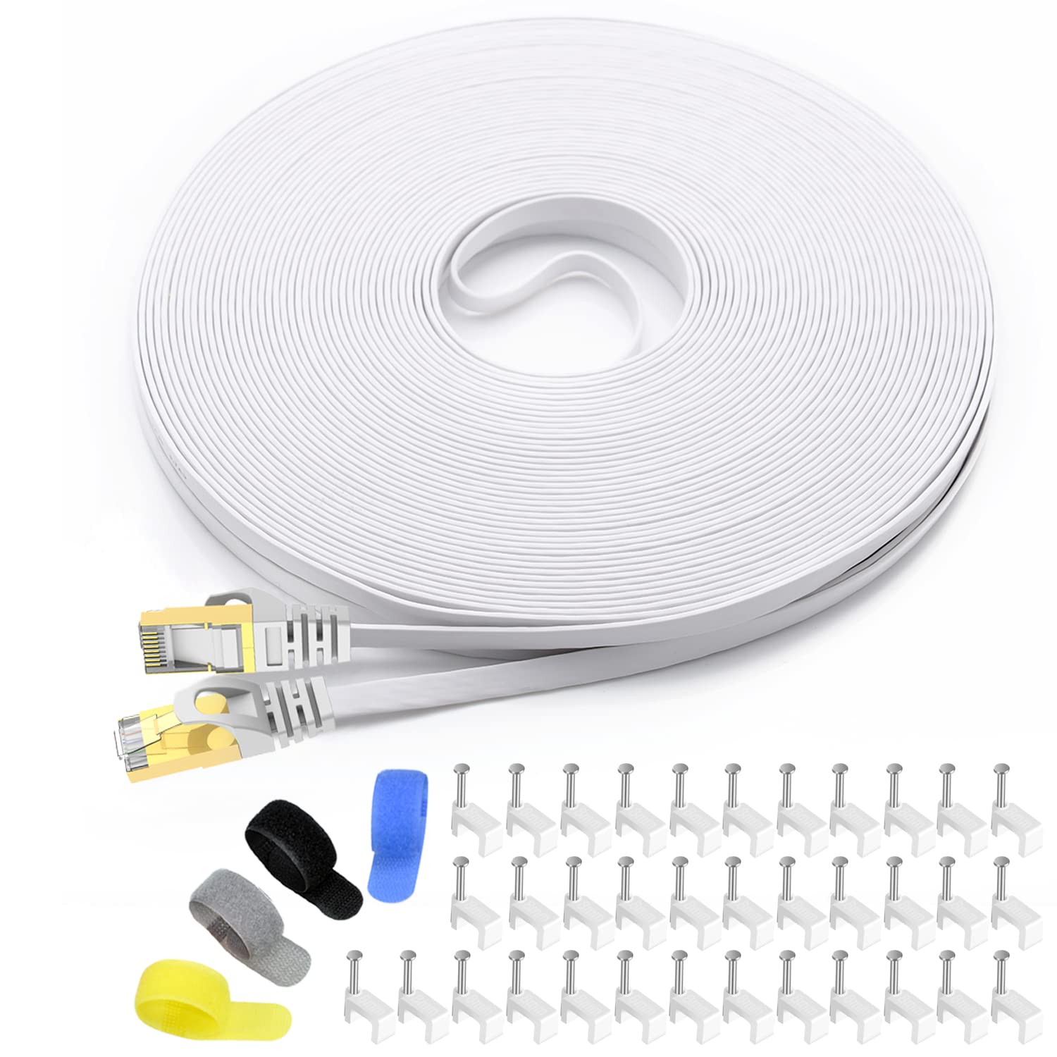 Book Cover Cat 7 Shielded Ethernet Patch Cable 100 ft White (Highest Speed Cable) Cat7 Flat Internet Network Cable with Snagless RJ45 Connector for Modem, Router, LAN, Computer + Free Cable Clips and Straps White Cat7-100ft