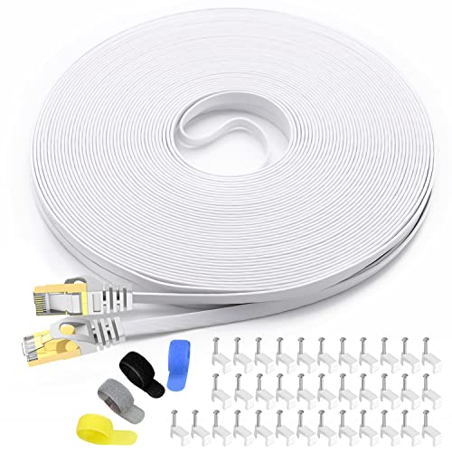 Book Cover CableGeeker Cat7 Shielded Ethernet Cable 150ft (Highest Speed Cable) Flat Ethernet Patch Cable Support Cat5/Cat6 Network,600Mhz,10Gbps - White Computer Cord + Free Clips and Straps for Router Xbox