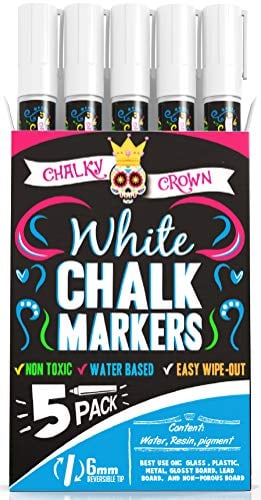 Book Cover Liquid Chalk Marker Pen - White Dry Erase Marker - Chalk Markers for Chalkboard Signs, Windows, Blackboard, Glass - 6mm Reversible Tip (5 Pack) - 24 Chalkboard Labels Included