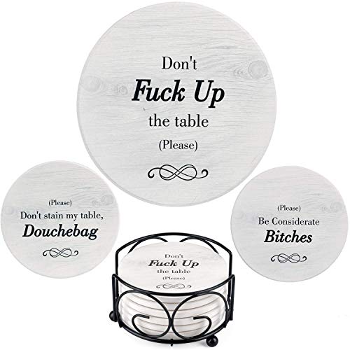 Book Cover Funny Coasters for Drinks Absorbent with Holder | 6 Pcs Novelty Gift Set | 3 Sayings | Unique Present for Friends, Men, Women, Housewarming, Birthday, Living Room Decor, White Elephant, Holiday Party
