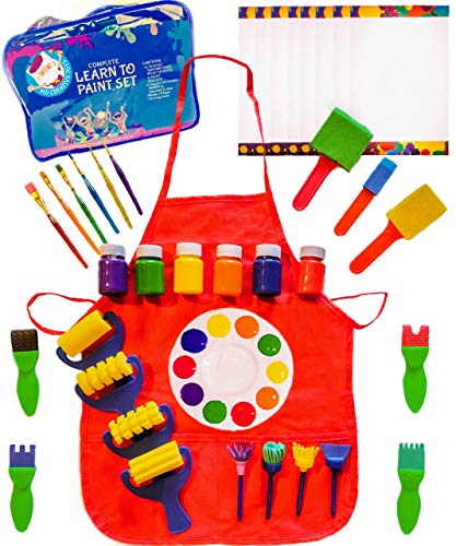 Book Cover Kids Learn to Paint Set with Smock, Washable Finger Paint in 4 Colors, Foam Brushes for Kids, 48 Piece Set