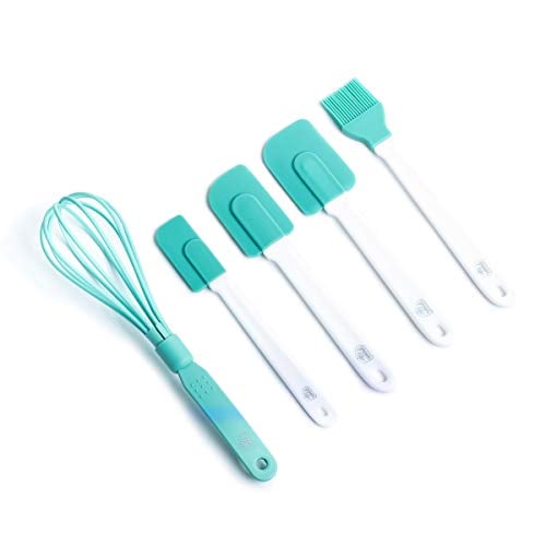 Book Cover GreenLife Cooking Tools and Utensils, 5 Piece Nylon and Silicone Baking Set with Spatulas Wisk and Brush, Dishwasher Safe, Turquoise