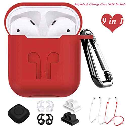 Book Cover AirPods Case Red,9 in 1 Airpods Accessories Kits Protective Silicone Cover and Skin Compatible for Apple Earpods with Airpods Watch Band Holder/Ear Hook/Anti-Lost Stap/Clip/Keychain/Grip