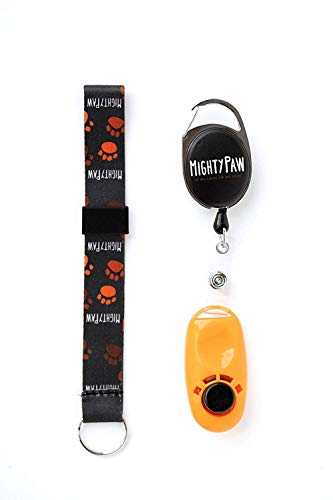 Book Cover Mighty Paw Dog Training Clicker, 2 Attachment Options, Retractable Belt Clip + Wrist Lanyard (Orange)