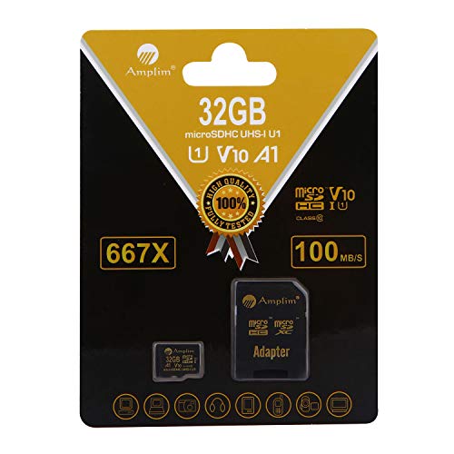 Book Cover Amplim 32GB Micro SD Card 100MB/s V10 A1 UHS-I Class 10 U1 Full HD microSDHC Memory Card with Adapter, Nintendo-Switch Compatible - Gold