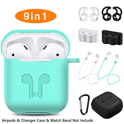 Book Cover AirPods Case, Rockindeer 9 in 1 AirPods Accessories Set Protective Silicone Cover and Skin Compatible Apple AirPods Charging Case with Watch Band Holder/Ear Hook/Keychain/Strap/Carrying Box (Green)
