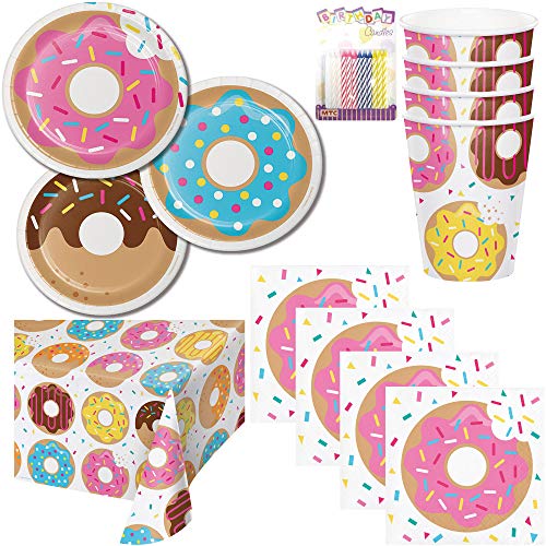 Book Cover Lobyn Value Packs Donut Party Supplies Pack Serves 16: Donut Birthday Party Supplies, Donut Dessert Plates Beverage Napkins Cups and Table Cover with Birthday Candles (Bundle for 16)