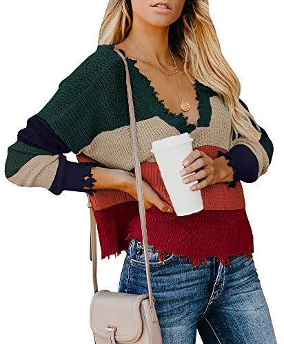Book Cover Womens Ripped Cropped Sweaters V Neck Long Sleeve Distressed Loose Knitted Pullover Jumper Top