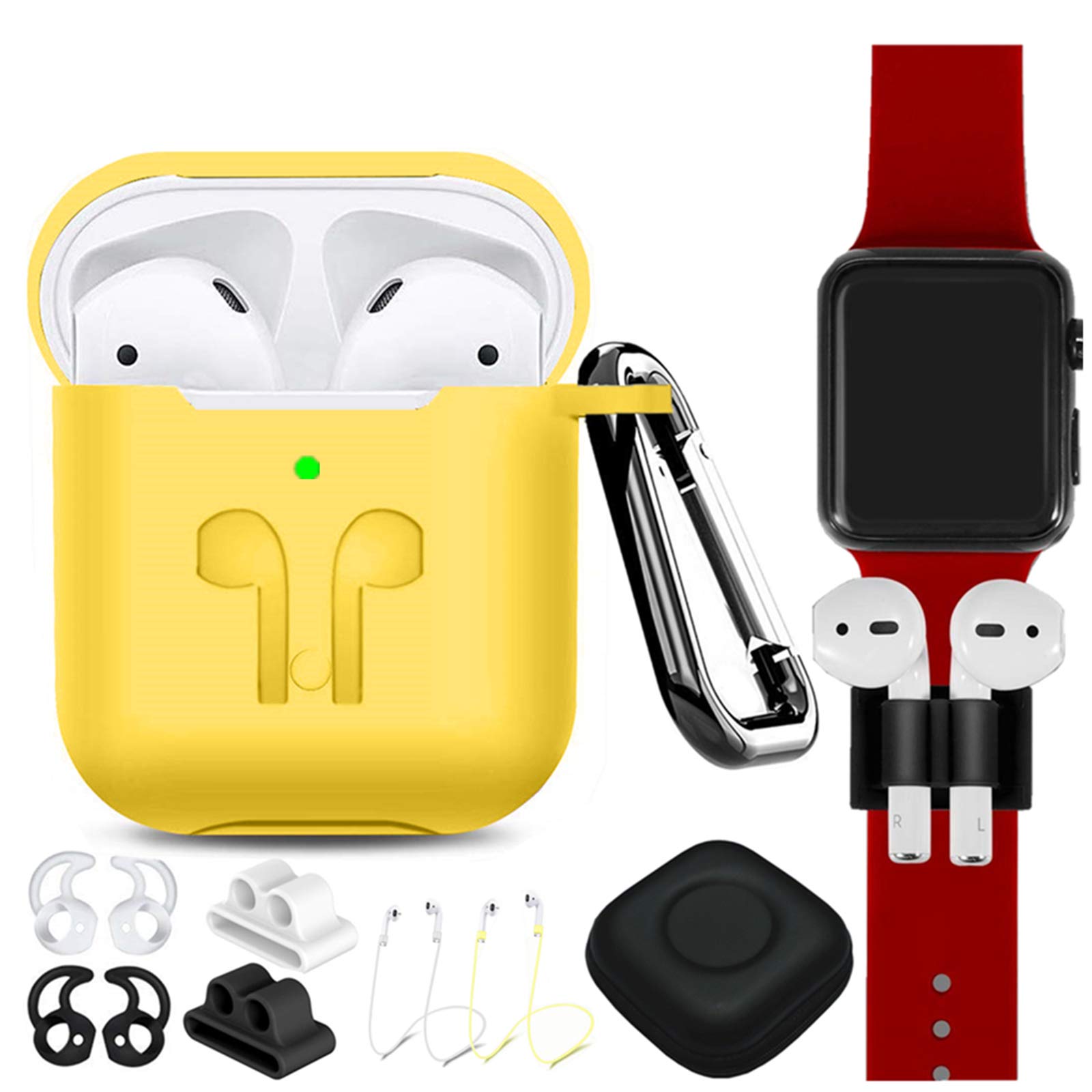 Book Cover AirPods Case Cover Compatible Apple Airpods 2 & 1[Front LED Visible],9 in 1 Kits Airpods Accessories Set Protective Silicone Skin with Earpods Watch Band Holder/Ear Hook/Stap/Clip/Keychain/Grip