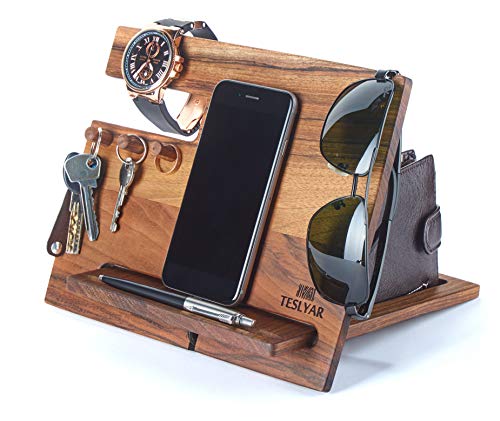 Book Cover Wood Phone Docking Station Walnut Hooks Key Holder Wallet Stand Watch Organizer Men Gift Husband Wife Anniversary Dad Birthday Nightstand Purse Tablet Father Graduation Male Travel Idea Gadgets