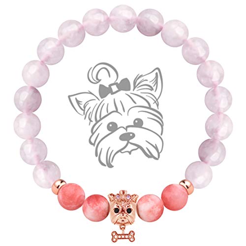 Book Cover Karseer Anxiety Gemstone Bracelet Pink and Purple Chalcedony 8mm Semi Precious Beads Healing Stones Bracelet with Dog Charm Cute Mascot Bracelet Jewelry Gift for Women Girls