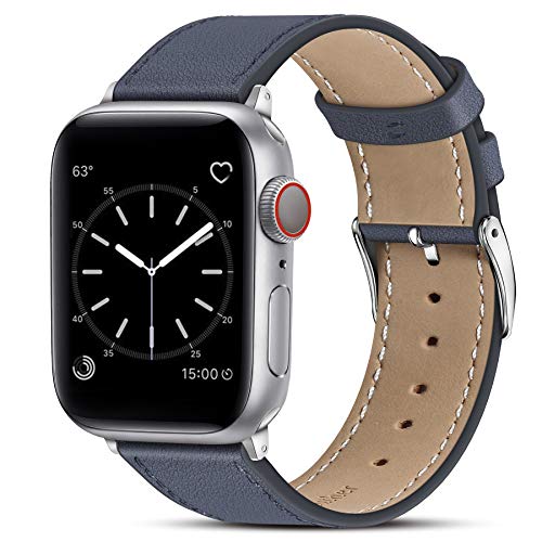 Book Cover Marge Plus Compatible with Apple Watch Band 44mm 42mm 40mm 38mm, Genuine Leather Replacement Band for iWatch Series 6 5 4 3 2 1, SE (Indigo/Silver, 44mm/42mm)