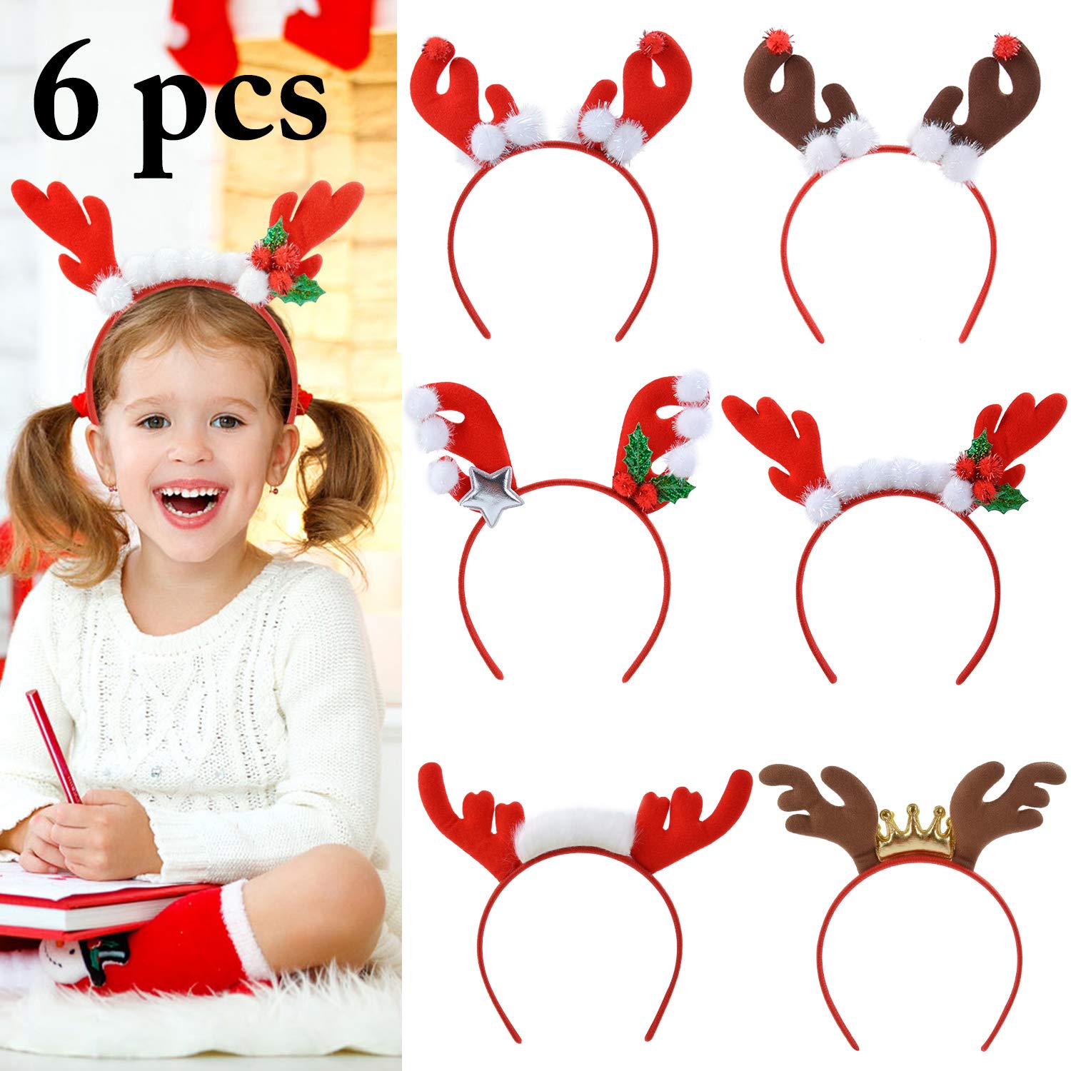 Book Cover Christmas Reindeer Headbands,Aniwon 6PCS Xmas Headband Hairbands Headwear with Cute Elk Antlers for Kids Adults Christmas Party Supplies