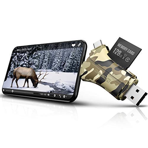 Book Cover Trail Camera Viewer SD Card Reader - 4 in 1 SD and Micro SD Memory Card Reader to View Hunting Game Camera Photos or Videos on Smartphone, Camouflage