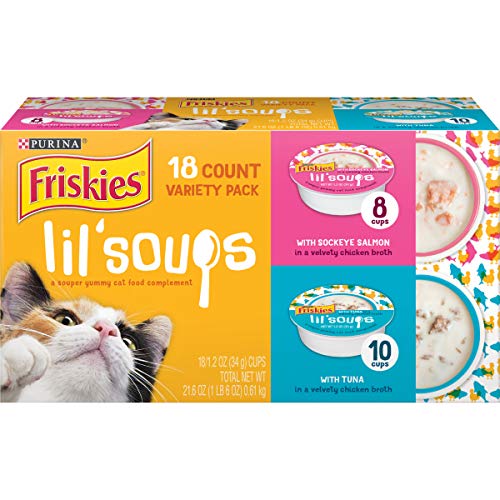Book Cover Purina Friskies Grain Free Wet Cat Food Complement Variety Pack, Lil' Soups With Sockeye Salmon & Tuna in Broth - (18) 1.2 oz. Cups
