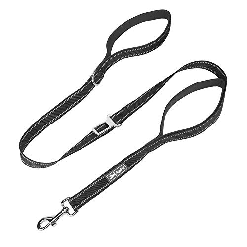 Book Cover PoyPet 5 Feet Reflective Heavy Duty Dog Leash - 2 Padded Handles - with Car Seat Belt Fit for Walking, Training or Exploring Hiking, Camping(Black)…