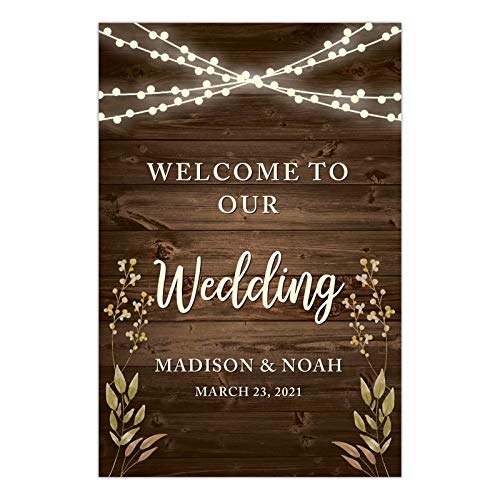 Book Cover Andaz Press Personalized Extra Large Wedding Easel Board Party Sign, 12x18-inch, Rustic Wood with Hanging Ball Lights and Florals, Welcome to Our Wedding Bride Groom Name Date, 1-Pack, Custom