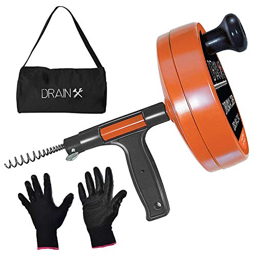 Book Cover DrainX Drain Auger Pro | Heavy Duty Steel Drum Plumbing Snake with 25-Ft Drain Cleaning Cable | Comes with Work Gloves and Storage Bag