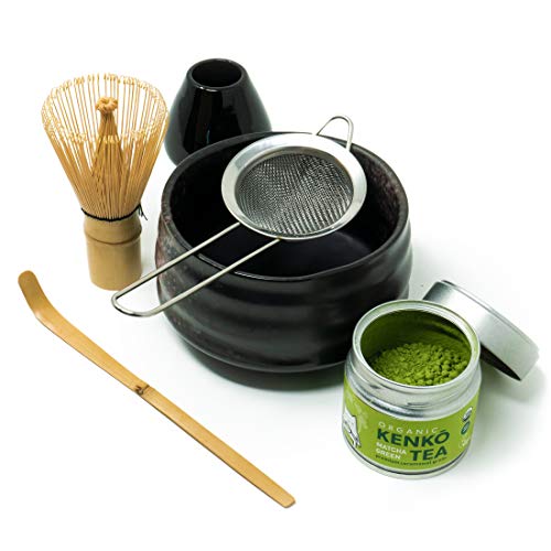 Book Cover Kenko Tea Matcha Tea Ceremonial Set with Bowl, Bamboo Whisk, Bamboo Scoop. Whisk Stand and Sifter. Comes with 30g Organic Ceremonial Matcha