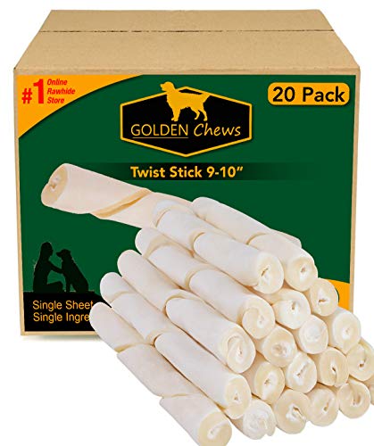 Book Cover Golden Chews Natural Rawhide Roll Twist Sticks 9-10 Inches Dog Treat. Extra Thick, Single Sheet. (20 Pack)
