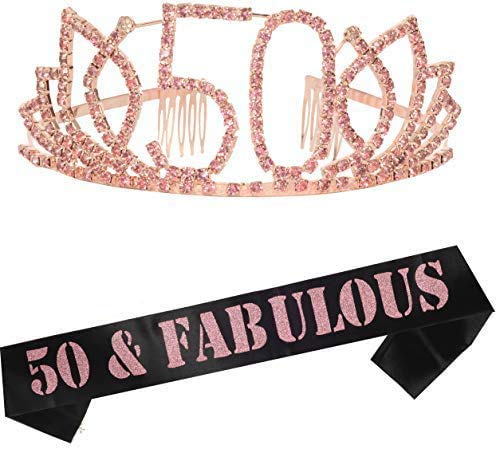 Book Cover MEANT2TOBE 50th Birthday Sash and Tiara for Women - Silver and Pink Birthday Rhinestone Crown and Glitter Sash Set - 50 and Fabulous Gifts for Women - 50th Birthday Party Decorations for Women