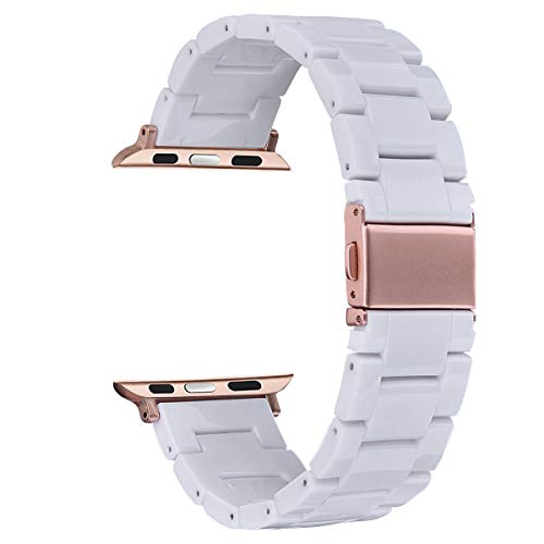 Book Cover V-MORO Resin Bands Compatible iWatch Band Series 4 40mm, Series 3/2/1 38mm, Women Lightweight Resin Bracelet Metal Wristband Strap with Gold Stainless Steel Buckle (White-Tone, 38mm/40mm)
