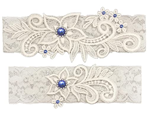 Book Cover GARGALA Wedding Garters for Bride Bridal Lace Garter Set with Blue Rhainstone Crystal (L)