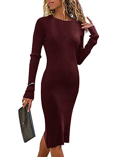 Book Cover Ybenlow Womens Bodycon Sweater Dresses Casual Slit Long Sleeve Ribbed Knit Crewneck Midi Dress