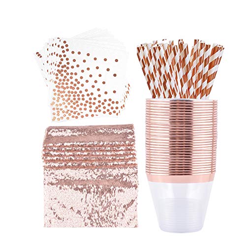 Book Cover OUGOLD Rose Gold Party Decorations birthday kit bridal shower decoration napkins Table Runners 12 x 108 happy birthday set Gold Rose Plastic Cups&Paper Straw 151 Pack