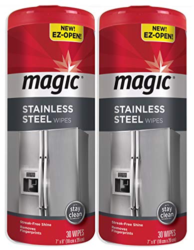 Book Cover Magic Stainless Steel Wipes (2 Pack) Removes Fingerprints, Residue, Water Marks and Grease from Appliances - Works Great on Refrigerators, Dishwashers, Ovens - 30 Count