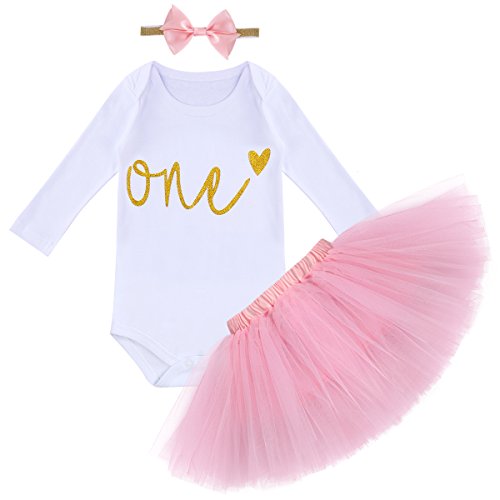 Book Cover Itâ€™s My First 1st Birthday Outfit Baby Girls Long Sleeve Romper + Ruffle Tulle Skirt + Sequin Bowknot Headband Shiny Party Princess Dresses for Cake Smash Photo Fall Clothes Pink 1 Year