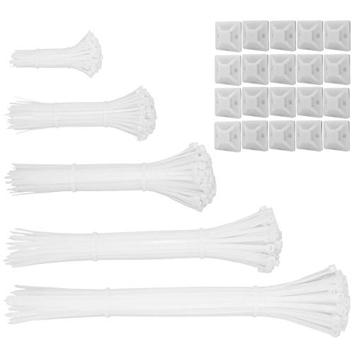 Book Cover 600pcs white Standard Self-Locking Nylon Cable Zip Ties Assorted Sizes 4/6/8/10/12 Inch with cable mount