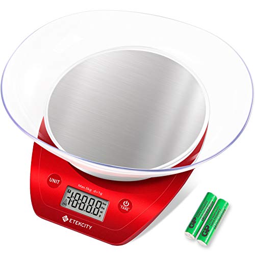 Book Cover Etekcity Food Scale with Bowl, Digital Kitchen Weight Grams and Ounces for Cooking and Baking, Large LCD Display, Red