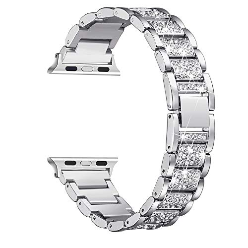 Book Cover Secbolt Bling Bands Compatible with Apple Watch Band 42mm 44mm Women iWatch Series 5/4/3/2/1, Dressy Jewelry Metal Bracelet with Rhinestones, Silver