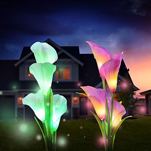 Book Cover Solar Garden Lights Outdoor, 2 Pack Solar Powered Lights with 8 Lily Flower, Multi-Color Changing LED Solar Stake Lights for Garden, Patio, Backyard (White/Purple)