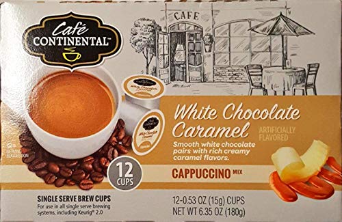 Book Cover Cafe Continental WHITE CHOCOLATE CARAMEL Cappuccino 12 Cups. Single Serve Brew Cups, Keuring 2.0. (White Chocolate Caramel)