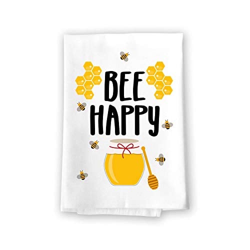Book Cover Honey Dew Gifts Bee Happy Flour Sack Towel, 27 x 27 Inches, 100% Cotton, Highly Absorbent, Multi-Purpose Kitchen Dish Towel