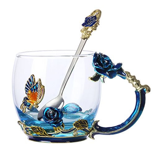 Book Cover Tea Cup Coffee Mug Glassess Cups & Spoon Beautiful Unique Gift For Women Butterfly Rose (Blue Rose)