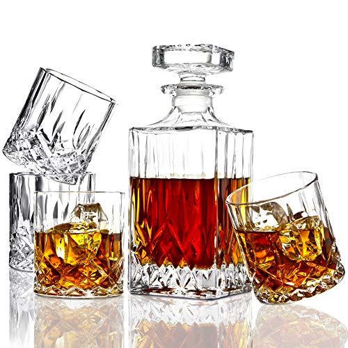 Book Cover ELIDOMC 5PC Italian Crafted Crystal Whiskey Decanter & Whiskey Glasses Set, Crystal Decanter Set With 4 Whiskey Glasses, 100% Lead Free Whiskey Glass Set