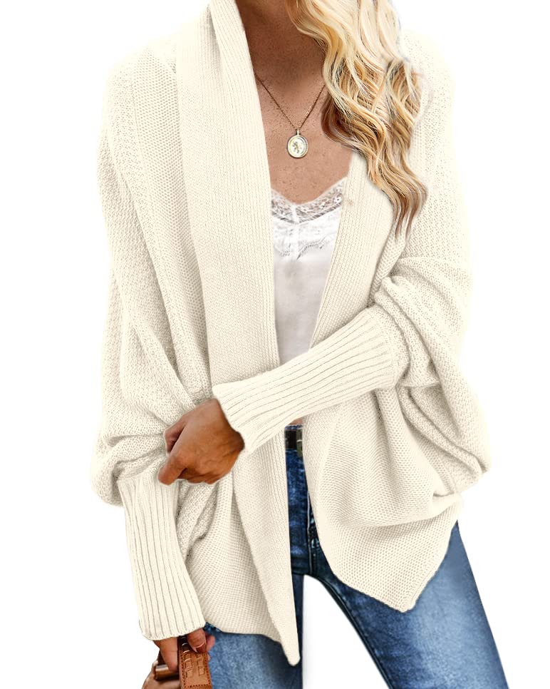 Book Cover Imily Bela Women's Kimono Batwing Cable Knitted Slouchy Oversized Wrap Cardigan Sweater X-Small White