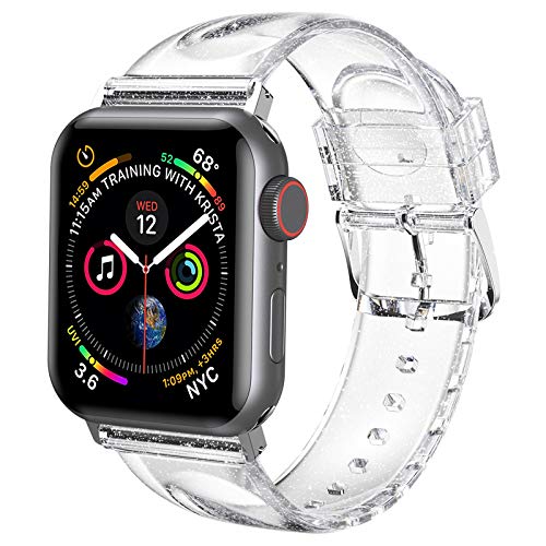 Book Cover iiteeology Compatible with Apple Watch Band 38mm 40mm, Women Glitter Soft Silicone Sports iWatch Band Strap for Apple Watch Series 6/5/4/3/2/1/SE - 38mm 40mm Clear/Silver