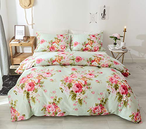 Book Cover Duvet Cover, 100% Cotton Comfy Floral Flower Printed Reversible Pintuck Comforter Cover and Shams 3 pcs Set with Hidden Zipper and Corner Ties