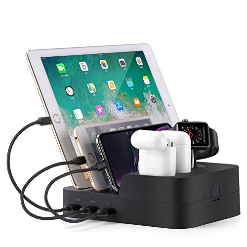 Book Cover Ocim 6 Port USB Charging Station,Multiple Devices Desktop Charger Docking Organizer Compatible for Airpods Pro Apple iWatch iPhone iPad Tablets and Smart Cell Phones