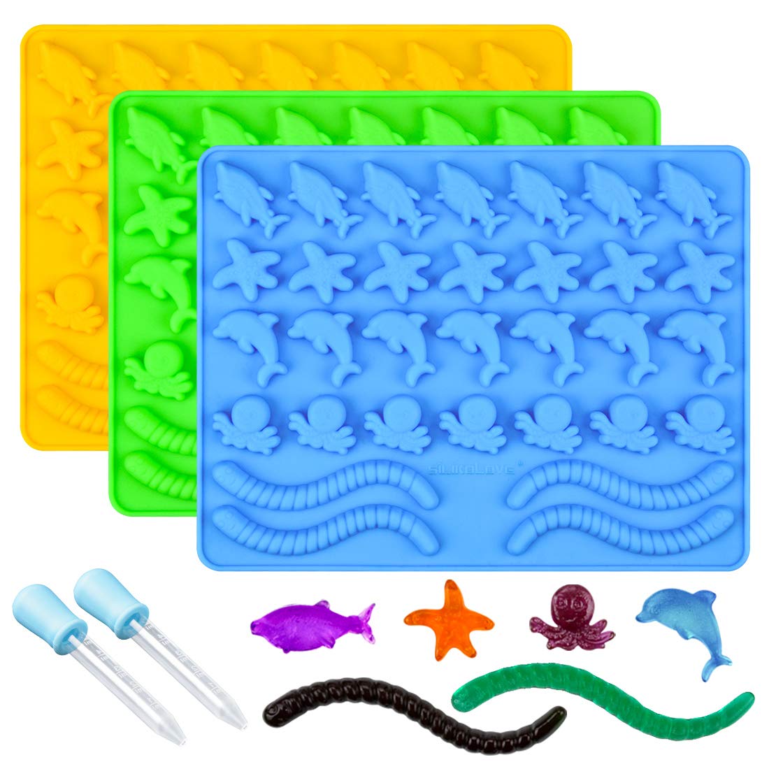 Book Cover Gummy Molds Hard Candy Molds - Candy Molds Silicone Including Worms, Starfishs, Dolphins, Octopus, Sharks Sea Mold BPA Free, Pinch Test Approved Pack of 3 Ocean Molds
