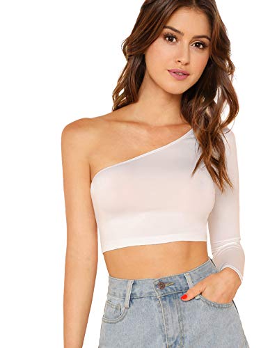 Book Cover Floerns Women's One Shoulder Long Sleeve Plain Casual Crop Tops