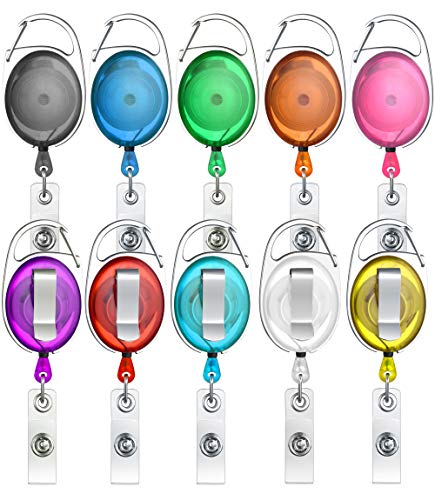 Book Cover ljdeals Retractable Badge Holder Carabiner Reel Clip On ID Card Holder Translucent, Pack of 10- Assorted Colors