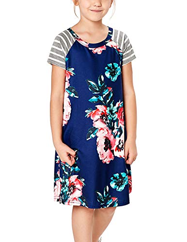 Book Cover Blibea Girls Casual Floral Print Long Striped Sleeve Swing T-Shirt Midi Dress