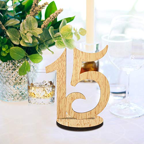 Book Cover ElekFX Table Numbers 1-15 Wedding Wooden Table Number Cards with Round Base Double Sided Design Table Holders for Wedding/Party Reception and Decoration