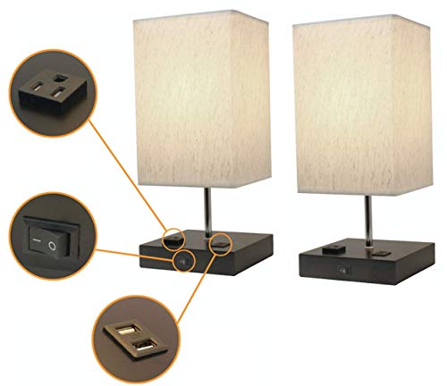 Book Cover Paradis Bedside Table Lamps with 2 USB Charging Outlets & 1 Power Outlet Port. Modern Design, Wood Base with Fabric Shade for Night Stand. Desk Lamp & Nightstand Lamp - Charges Electronics (Pack of 2)