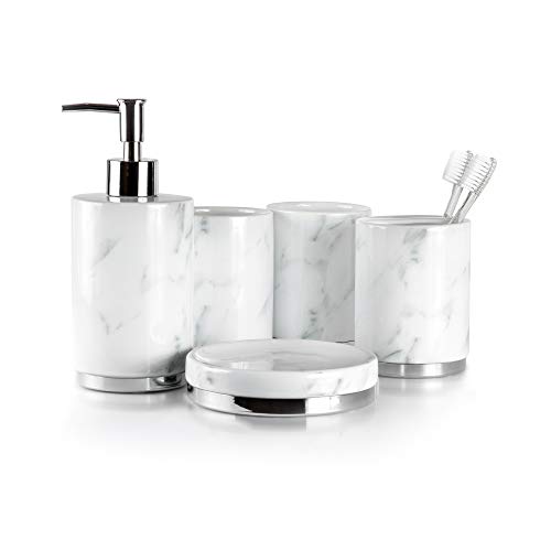 Book Cover Willow&Ivory™ Bathroom Accessories Set | 5 Piece, Ceramic Bath Set | Toothbrush Holder, Soap Dispenser, Soap Dish, 2 Tumblers | Marble Collection